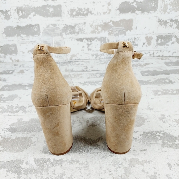 NEW Sam Edelman Yaro Cream Tan Suede Open Toe Ankle Buckle Heeled Sandals E607 - Picture 6 of 12